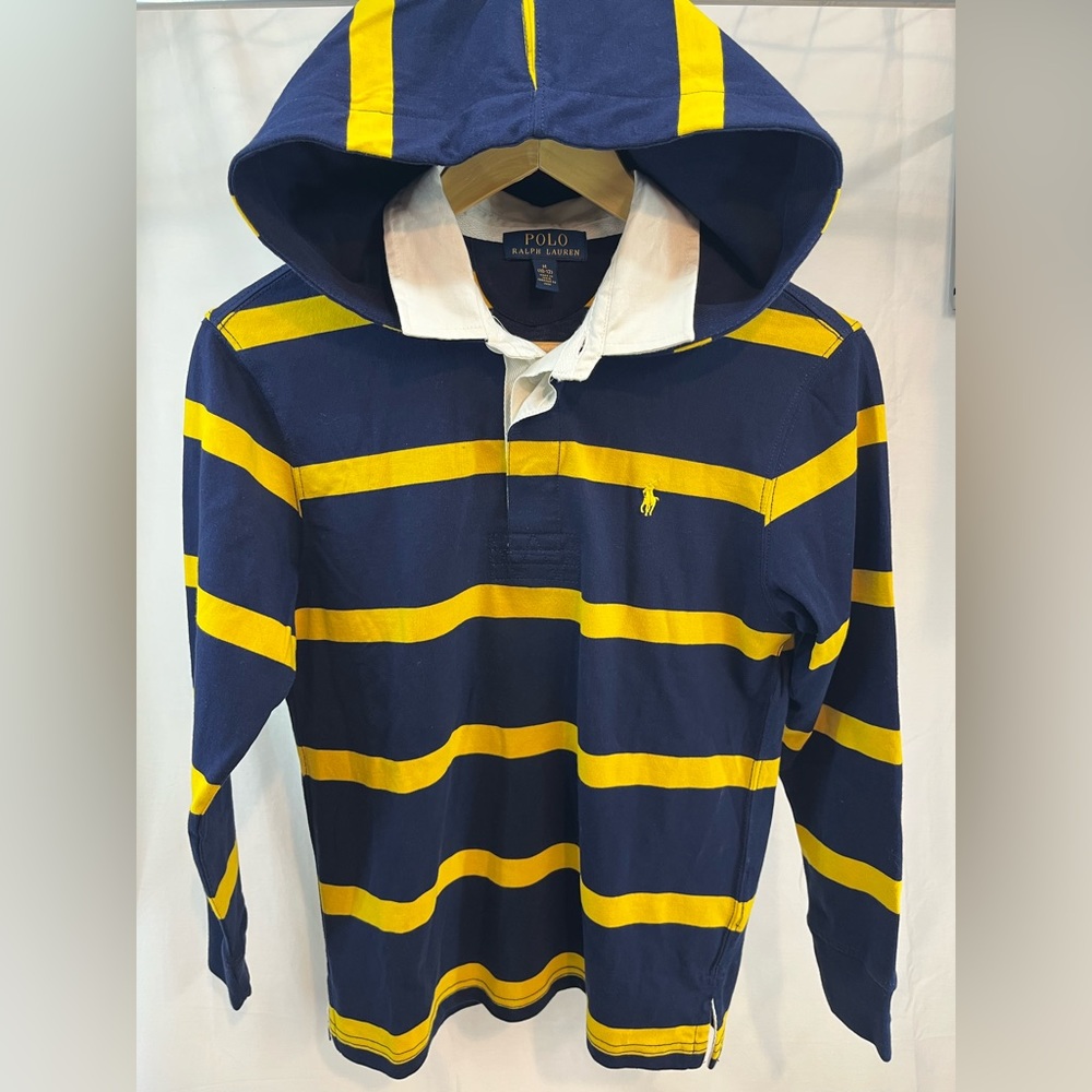 POLO Ralph Lauren Hooded Rugby Shirt; boys Med (10-12); 1/4 Button; White Collar - Picture 15 of 15